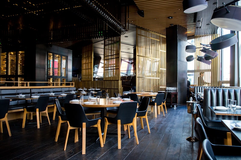 Restaurant dining room with tables set for service